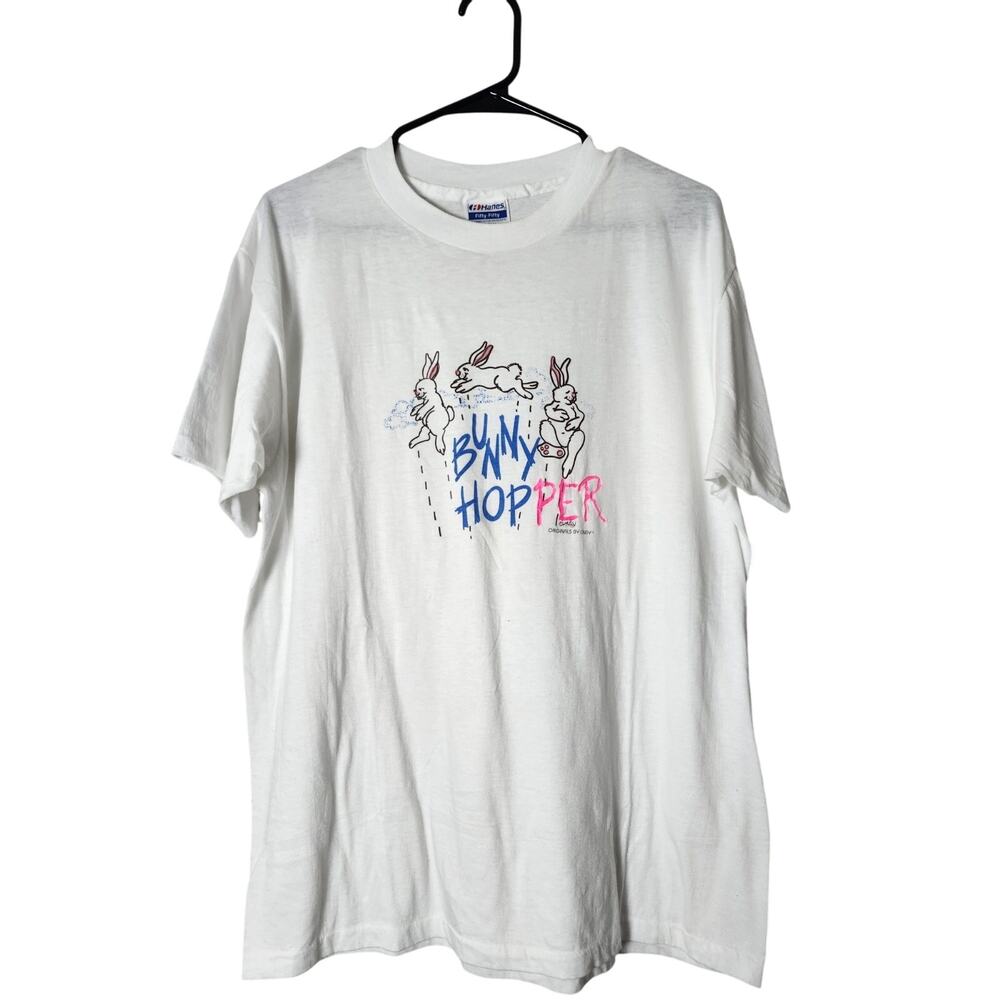 Vintage Hanes‎ Bunny Hopper T-Shirt Size XL White Short Sleeve